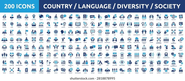 Mega collection concept of country, language, communication, diversity and society. Vector illustration. Huge set of 200 solid icons.