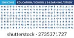 Mega collection concept of education, school, e-learning, study, teaching, university, knowledge, graduation and more. Huge set of 200 solid icons, vector illustration.