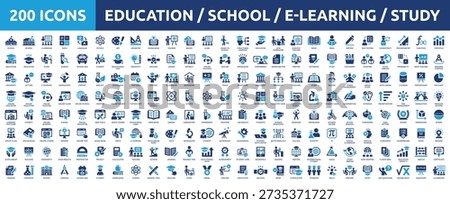 Mega collection concept of education, school, e-learning, study, teaching, university, knowledge, graduation and more. Huge set of 200 solid icons, vector illustration.