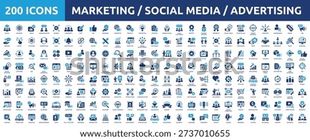 Mega collection concept of marketing, social media, advertising and business strategy. Huge set of 200 solid icons. Vector illustration.