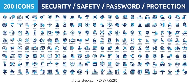 Mega collection concept of security, safety, password, cybersecurity and protection. Huge set of 200 solid icons. Vector illustration.
