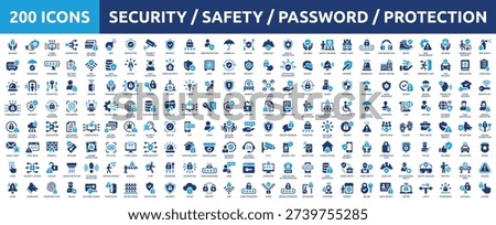 Mega collection concept of security, safety, password, cybersecurity and protection. Huge set of 200 solid icons. Vector illustration.