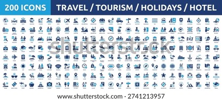Mega collection concept of Travel, Hotel, Holidays, Vacation and Tourism. Huge set of 200 solid icons. Vector illustration.