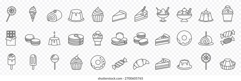 Mega Collection of Desserts and sweets outline icon set with cake, pastry, donut, ice cream and candy