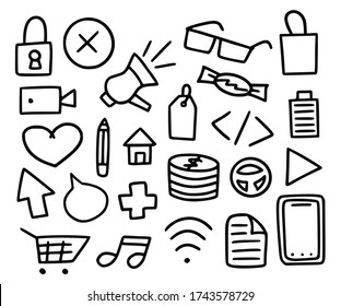 Mega collection of doodle items. Vector set Hand-drawn icons of different subjects 