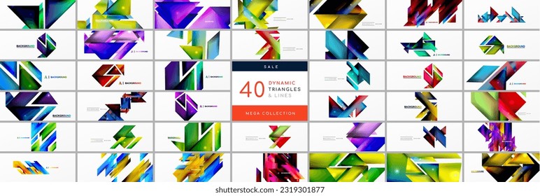 Mega collection of dynamic triangles and lines. Elements bundle for wallpaper, banner, background, landing page, wall art, invitation, prints, posters