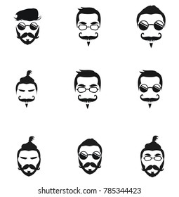 Mega collection Elegant bearded man face in sunglasses. hipster character. Fashion silhouette, avatar, emblem, logo with moustached man for barbershop design. eps 10 eps 8