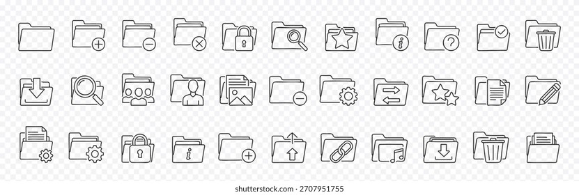 Mega colección del conjunto de iconos de la línea de administración de carpetas y archivos: símbolos de esquema editables de documento, búsqueda, bloqueo, estrella, papelera y Cargar