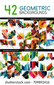 Mega colección de plantillas de fondo geométricas abstractas - elementos de diseño de patrones de línea, cuadrado, rectángulo y flecha para banner web, presentación publicitaria y mensaje promocional. Vector