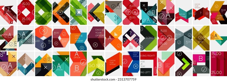 Mega Kollektion von geometrischen Pfeil-Infografen. Abstrakte Hintergründe, gebündelt für Tapete, Banner, Hintergrund, Landungsseite, Tapete, Einladung, Druck, Poster
