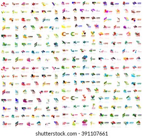 Mega collection of geometrical abstract logo templates, origami paper style business icons with sample text. Vector illustration