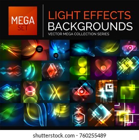 Mega collection of glowing light effects abstract backgrounds, dark space futuristic techno templates