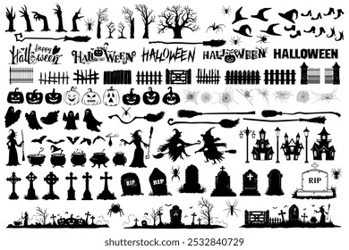 mega collection of halloween black silhouette illustration, scary hands, spooky trees, witch broom, witch, horror house, jack-o-lantern, pumpkin, flying bats, cauldron, lamp post, spider net