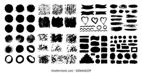 Mega collection of Hand drawn abstract black paint brush strokes, ribbon,box, wave, heart, round, oval, circle, rectangle, border. Vector set of shapes, frames isolated on white background.