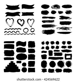 Mega collection of Hand drawn abstract black paint brush strokes, ribbon,box, wave, heart, round, oval, circle, rectangle, border. Vector set of shapes, frames isolated on white background.