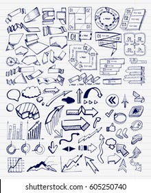 Mega collection of hand drawn arrow, charts, labels and block schemes. Vector icon set