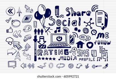 Mega colección de conceptos de internet hechos a mano en redes sociales. Iconos de dibujo moderno, letras de texto e ideas