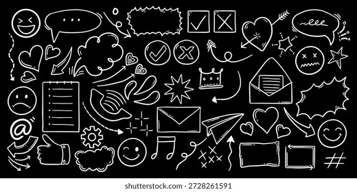 Mega Colección de garabatos blancos dibujados a mano sobre fondo negro. Los Elementos de doodle de negocios y redes sociales establecen el Vector, la flecha, la burbuja del discurso y el kit de doodle de emoji