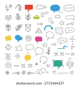 Mega Collection of Hand-Drawn Vector Design Elements Diverse Doodle Art Icons, Speech Bubbles, Arrows, Mathematical Symbols, and Colorful Abstract Shapes Isolated on White Background for Creative Graphic Design