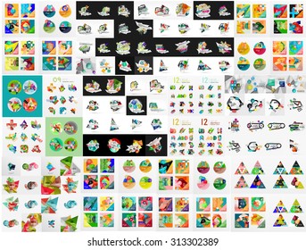 Mega collection of infographic. Geometric paper style colorful layouts with options and slogans