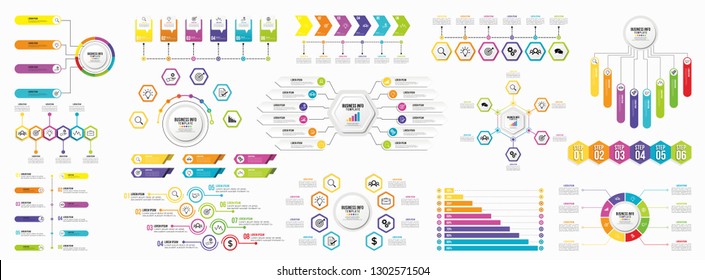 Mega Collection Of Infographics Vector. Set Business Data Visualization Design Template Infographics Timeline with Marketing Icons most useful can be used for workflow, presentation, diagrams, reports