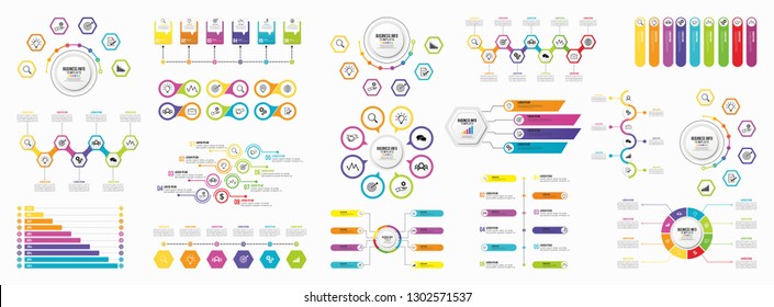 Mega Collection Of Infographics Vector. Set Business Data Visualization Design Template Infographics Timeline with Marketing Icons most useful can be used for workflow, presentation, diagrams, reports