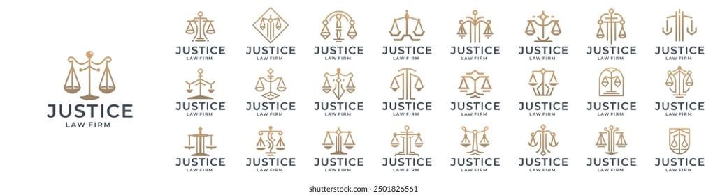 mega collection of justice logotype concept. minimalist line style with gold color branding. inspiration of law logo template.