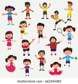 Mega colección de personajes de dibujos animados para niños. Un gran conjunto de niños y niñas lindos en diferentes actividades posan.