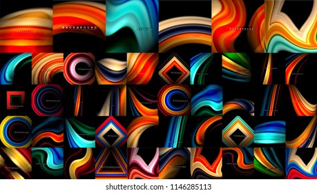 Mega collection of liquid abstract backgrounds, fluid mixing flowing smooth colors on black. Modern colorful universal templates. Vector illustration
