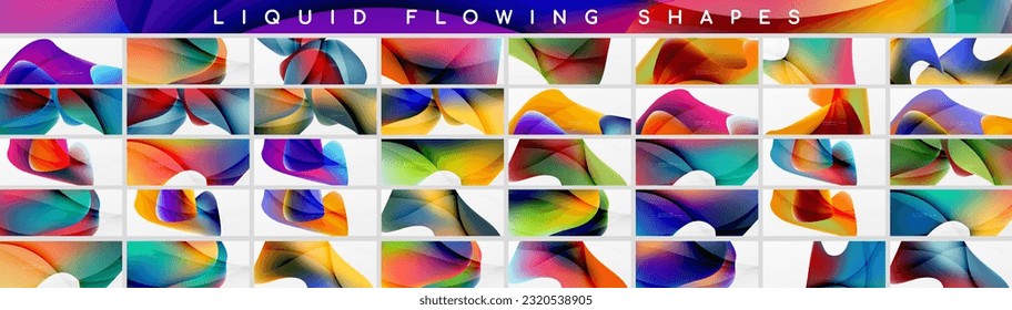 Mega collection of liquid flowing shape compositions. Backdrop bundle for wallpaper, banner, background, landing page, wall art, invitation, print, posters
