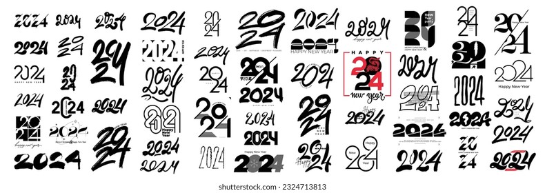 Mega collection logos 2024 year. Set of handwriting 56 unique logos 2024 numbers. Vector symbols decoration. Christmas trend design template with black labels for business, decoration, printing.