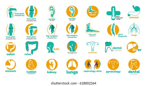 Mega collection of medical logos. Templates logos for dental clinic, orthopedic, hepatology, cardio, e.n.t. and so on