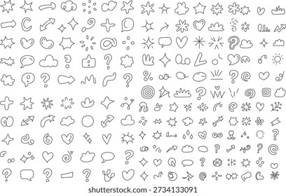 Mega collection of minimalist hand-drawn doodle elements featuring arrows, speech bubbles, stars, hearts, clouds, and abstract geometric shapes; perfect for social media graphics, bullet journaling, and whimsical UI design.