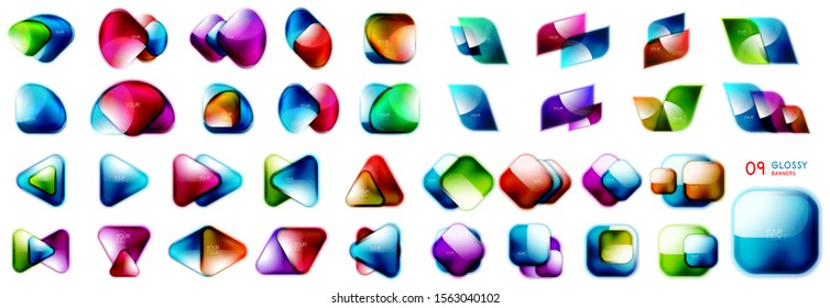 Mega-Kollektion mehrfarbiger Glossikonen: geometrische Formen, fließende Formen, Hintergrund- und Bannervorlagen, glastransparente Knöpfe. Vectordesign-Elemente für Web-Landing-Seite