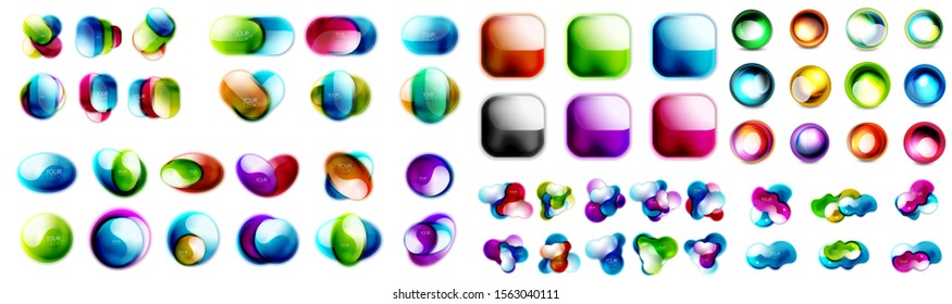 Mega collection of multicolored glossy icons: geometric shapes, fluid flowing forms, background and banners templates, glass transparent buttons. Vector design elements for web landing page