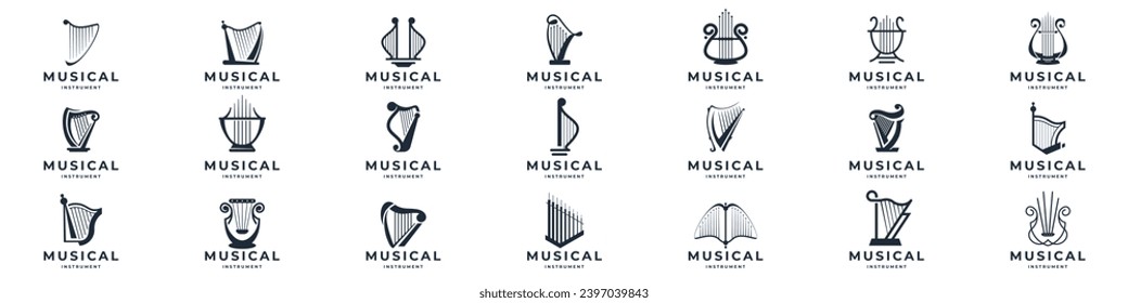 Mega Collection of Musical harp, lyre symbol or logo instrumental. Classical music concept vector illustration.
