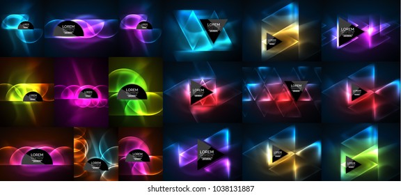 Mega-Kollektion von neonabstrakten Hintergründen in Form, magische fantastische leuchtende Vorlagen für Web- oder Techno-Digital-Präsentation. Vektorgrafik