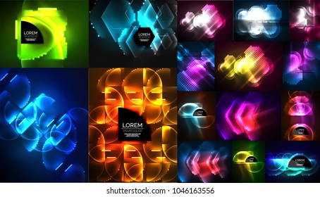 Mega collection of neon abstract shape backgrounds, magic fantastic glowing templates for web or techno digital presetation idea. Vector illustration