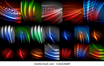 Mega collection of neon glowing lines, magic energy space light concept, abstract background wallpaper design, vector illustration