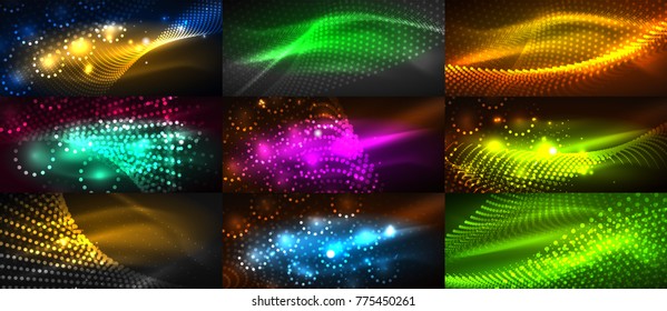 Mega colección de ondas de partículas brillantes de neón, efectos de luz vectorial fondo abstracto