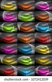 Mega collection of neon glowing shiny light backgrounds. Vector set of waves and lines in dark color space