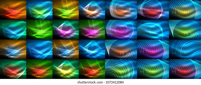Mega collection of neon glowing shiny light backgrounds. Vector set of waves and lines in dark color space