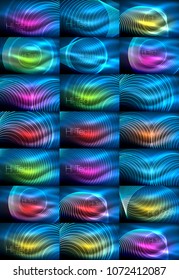 Mega colección de neones brillantes fondos de luz. Conjunto vectorial de ondas y líneas en el espacio de color oscuro
