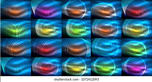 Mega collection of neon glowing shiny light backgrounds. Vector set of waves and lines in dark color space