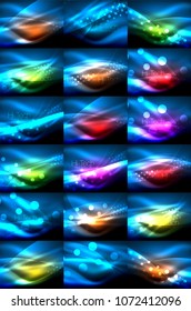 Mega collection of neon glowing shiny light backgrounds. Vector set of waves and lines in dark color space