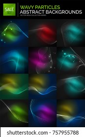 Mega colección de ondas neón brillantes, concepto futurista de espacio oscuro con forma ondulada brillante