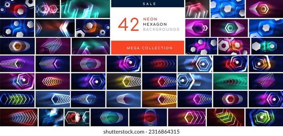 Mega collection of neon line effect hexagon backgrounds. Backdrop bundle for wallpaper, banner, background, landing page, wall art, invitation, prints, posters