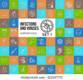 Mega collection of outline infections and viruses icons. Health protection, allergy, medicine, flu, bacteria. Vector illustration.