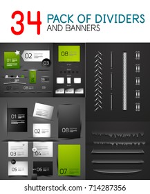 Mega collection of paper banners and dividers, modern design elements. Transparent realistic paper shadow effects for web banner, advertising and promotional message isolated on dark background -