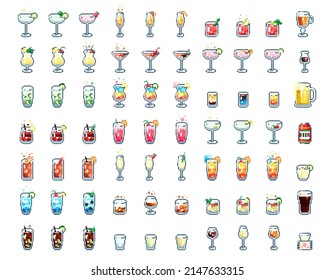 Mega collection of pixel art 8 bit gamer design cocktails. Vector emoji icons.